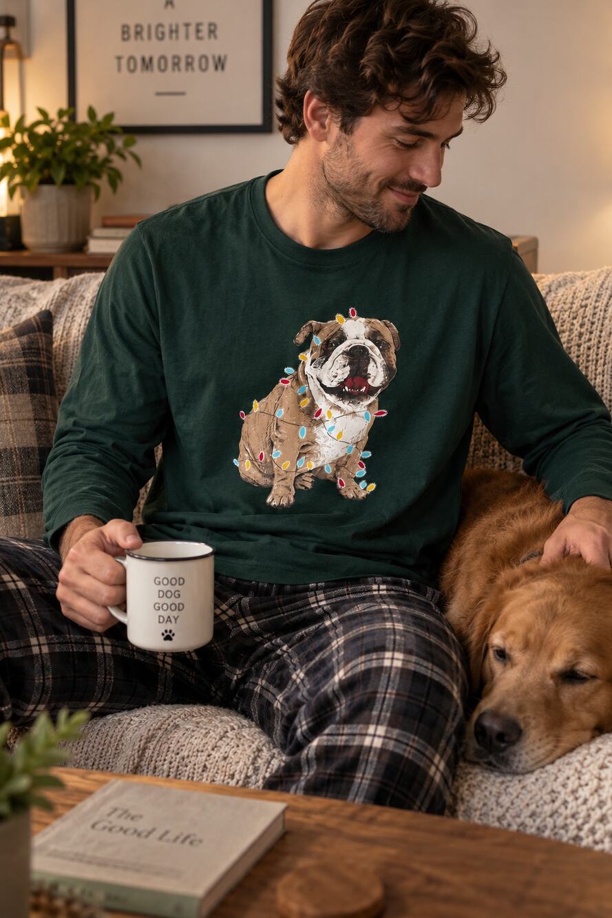 Club Room Christmas Bulldog Holiday Lights Long Sleeve Green Shirt Men's XL NWT